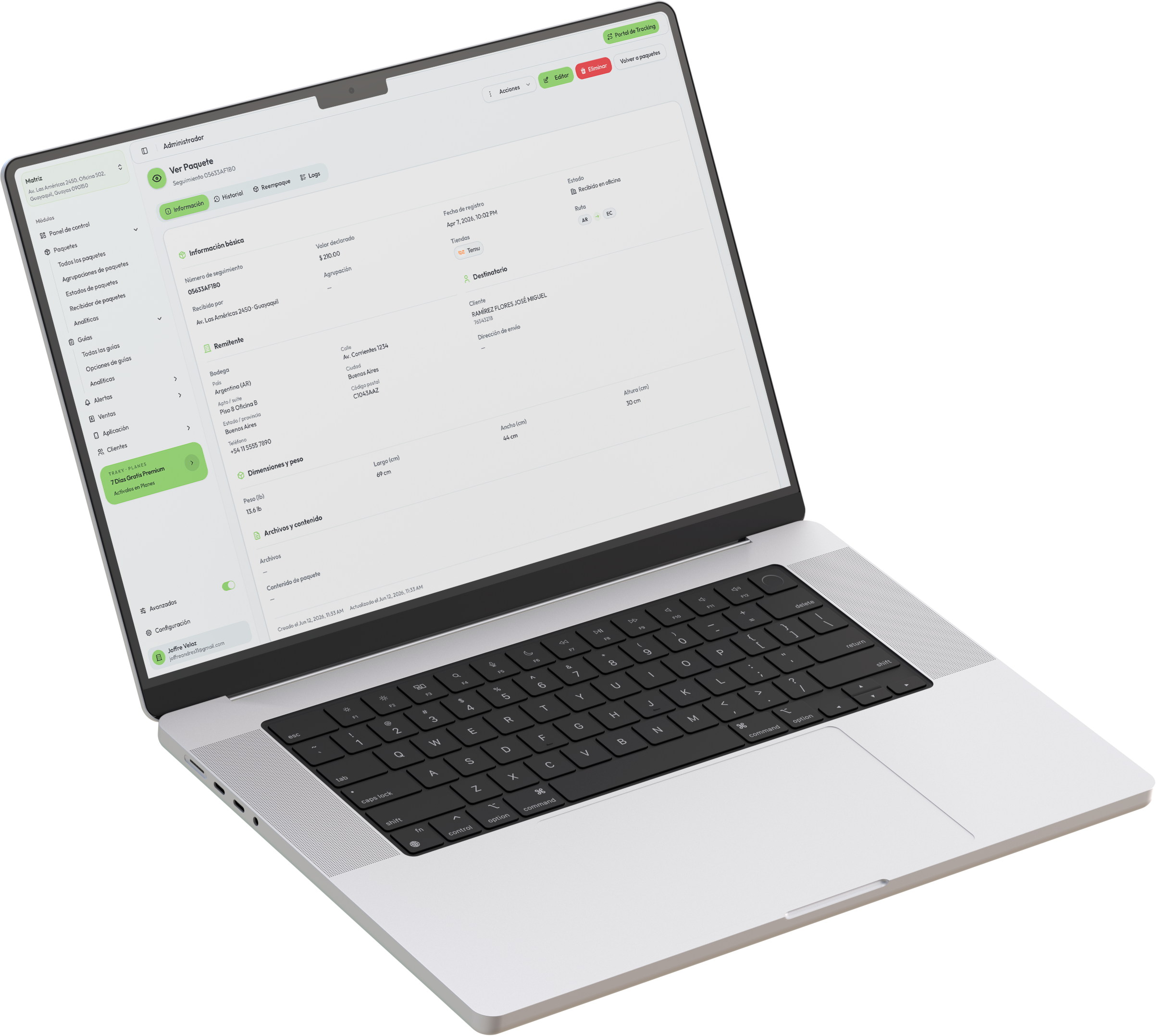 Panel Traky para gestión de paquetes y courier en escritorio